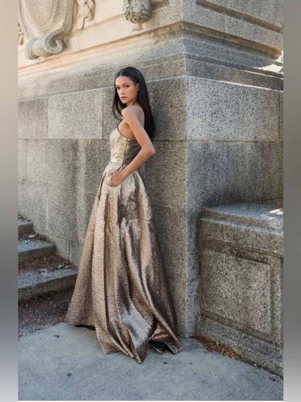 One-Shoulder Metallic Bronze Evening Gown